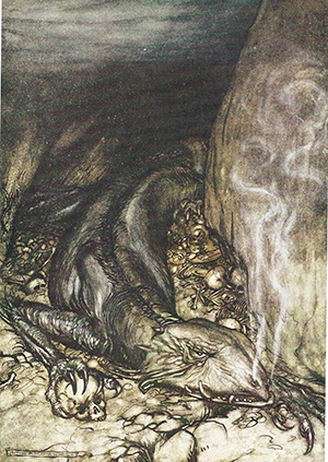 Fafner the dragon guards his gold, by Arthur Rackham